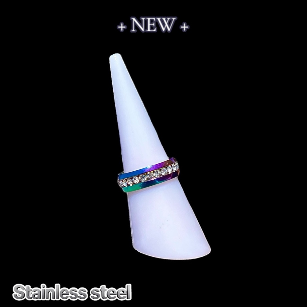 New Stainless Steel Unisex Engagement Rainbow Band with CZ Row Inlay